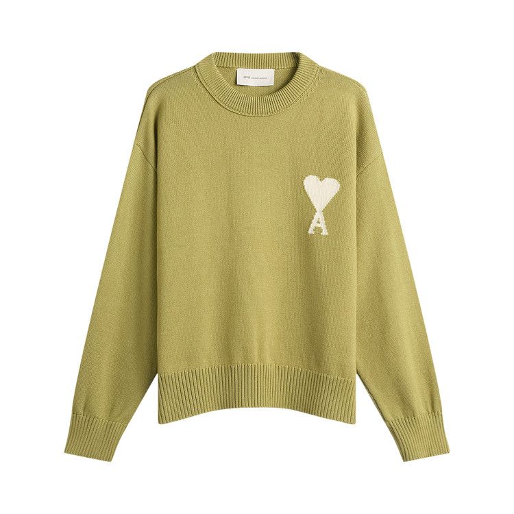 Ami Crewneck Sweater With Contrasted De Coeur 'Matcha/Ecru'