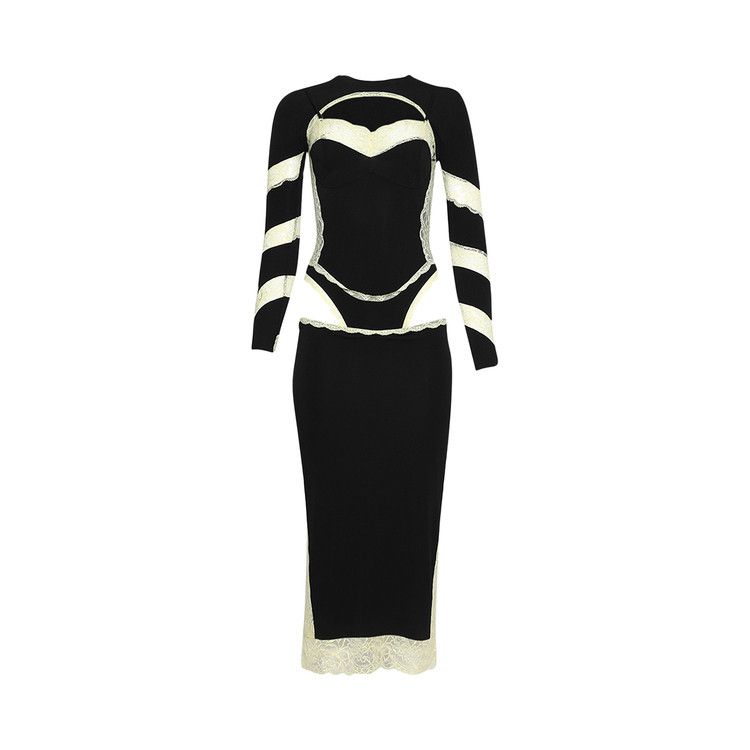 Marine Serre Jersey/Lace Long-Sleeve Dress 'Black'