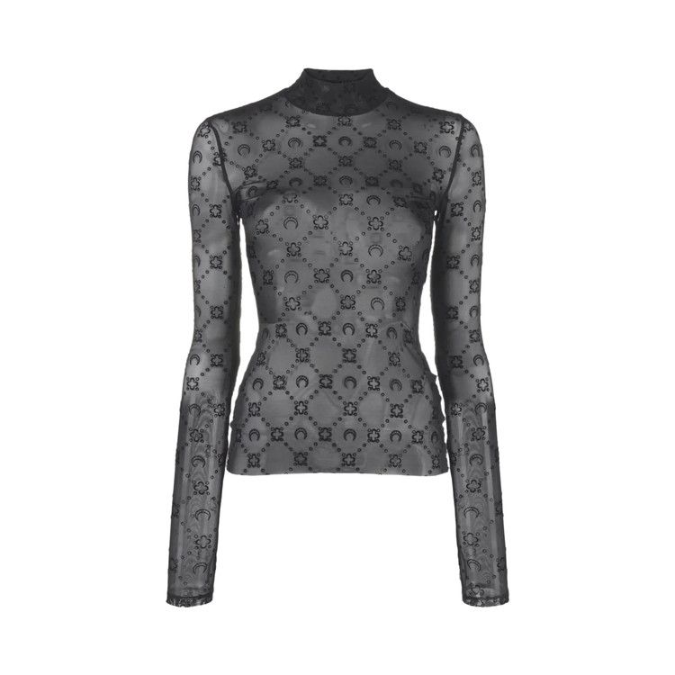 Marine Serre Monogram Mesh Flock Long-Sleeve Highneck Top 'Black'