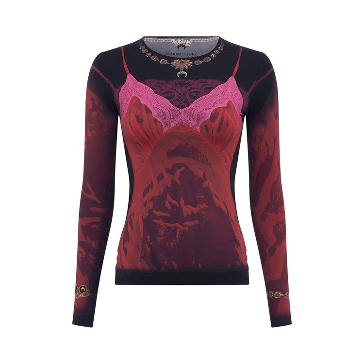 Marine Serre Wet Nuisette Printed Long-Sleeve Crewneck Top 'Ribbon Red'