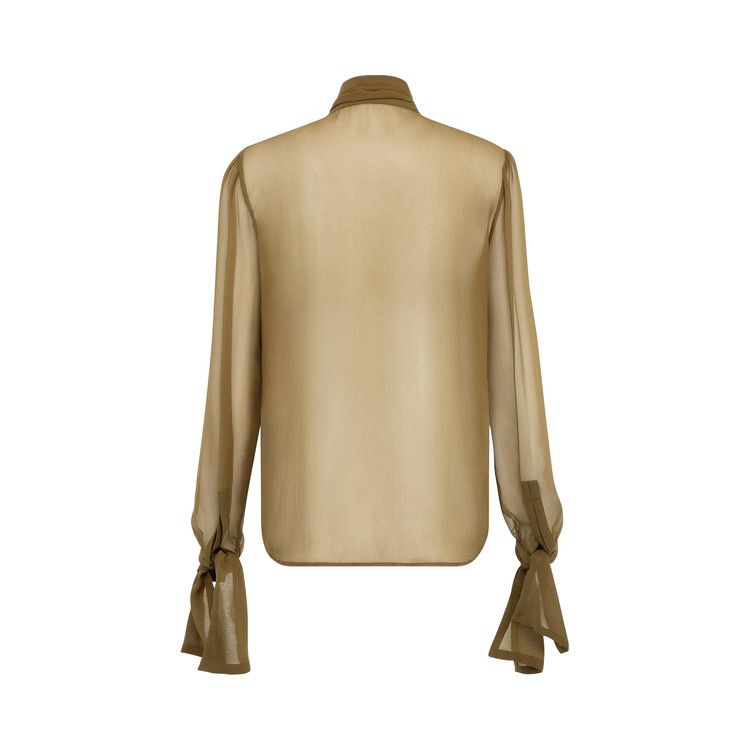 Saint Laurent Tie-Neck Crepe Mesh Silk Blouse 'Vert Bronze'