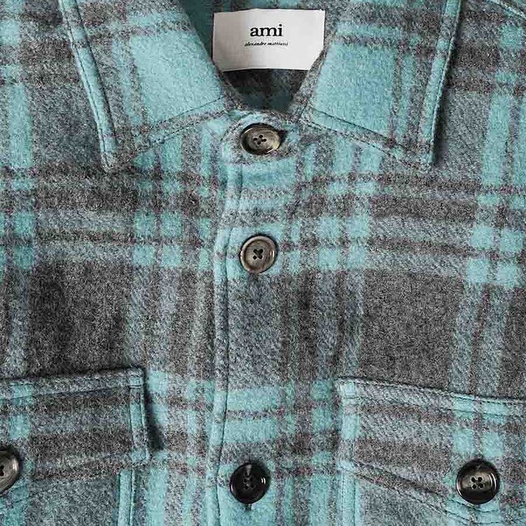 Ami Plaid Wool Shirt Jacket 'Aqua Marine/Mineral Grey'